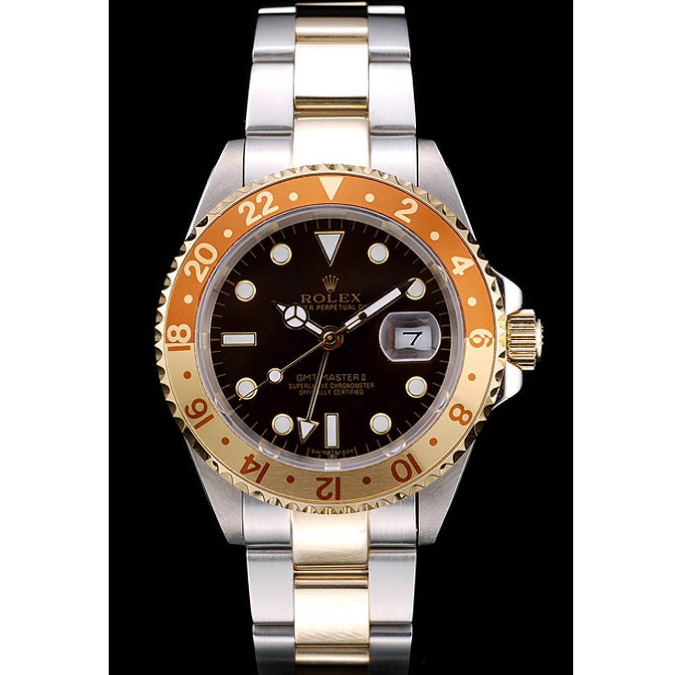 Good Copy Rolex Watches Watch Master GMT II Brown Gold Ceramic Dial Colored Bezel Rolex 0612